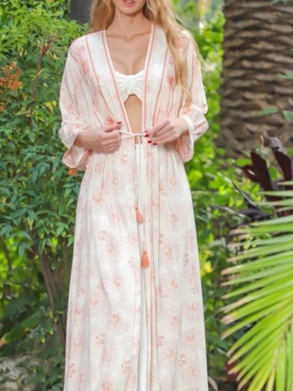 Aakaa Pale Pink Floral Tie-Front Long kimono